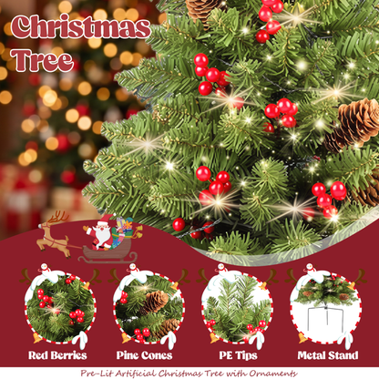 2 Pack 30 inch Prelit Outdoor Christmas Tree, Small Pre-Decorated Green Xmas Tree with Cones & Red Berries, 30 Warm Lights, Urn Filler Holiday Decor for Entrance Driveway, Yard, Garden
