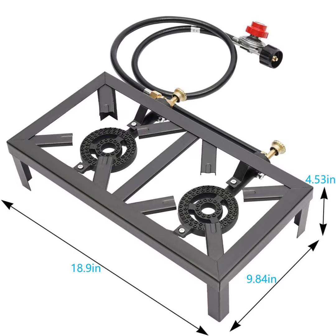 Portable 2 Burner Outdoor Gas Stove Cooker with Adjustable 0-10PSI Regulator Hose, BBQ Propane Burner Head for Patio Camping Tailgating Hiking Home Brewing Turkey Fry Maple Syrup Prep