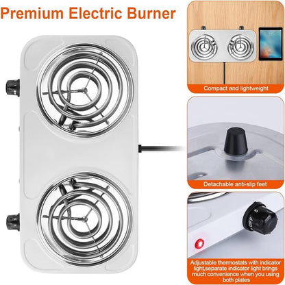 Hot Plate for Cooking, 2000W Electric Stove Burner with 5 Levels Temperature Control, Dual Coil Portable Stove for Home Dorm Office Kitchen Camping, Electric Cooktop Compatible of All Cookware, White