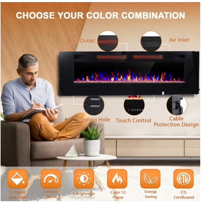 60in 5100BTU Indoor Electric Ultra Thin Mute Fireplace, Wall Mounted Recessed Adjustable Multiple Flame Colors & 5 Speeds & 8H Timer Fireplace with Touch Screen and Remote Control