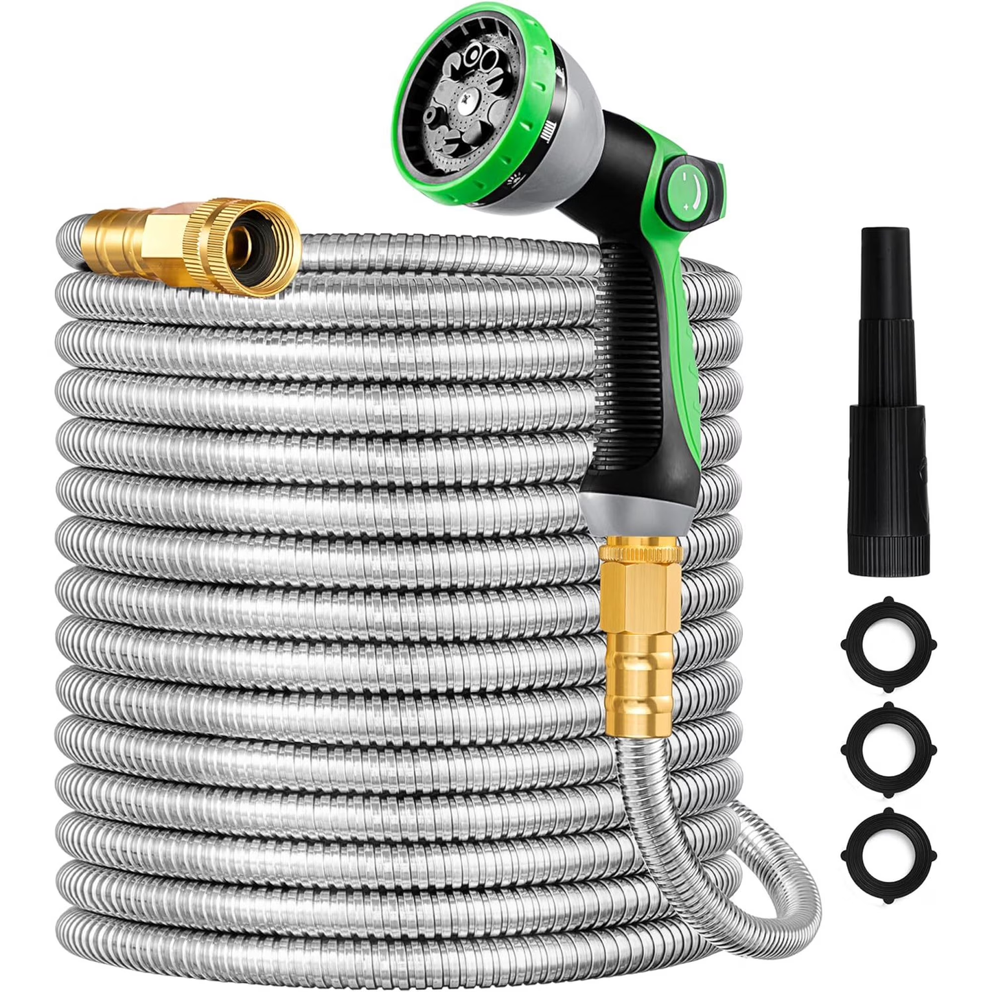 75ft Garden Hose, Metal Stainless Steel Water Hose with 10 Functional Nozzles & 3/4 inch Brass Fittings, Flexible, No-Kink, Puncture Proof, Heavy Duty Water Pipe for Yard, Outdoor