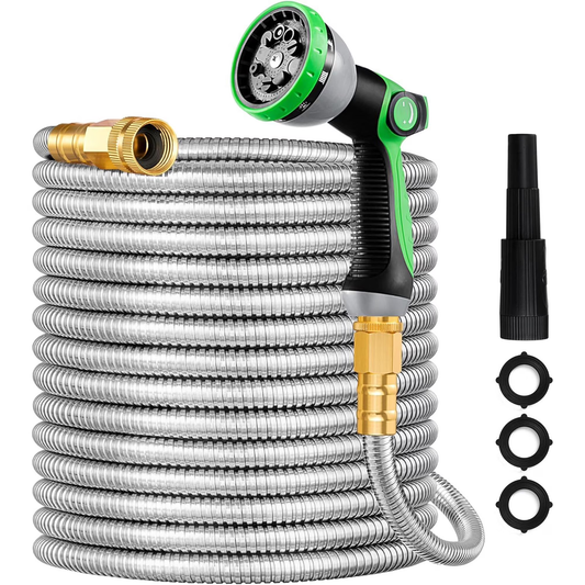 75ft Garden Hose, Metal Stainless Steel Water Hose with 10 Functional Nozzles & 3/4 inch Brass Fittings, Flexible, No-Kink, Puncture Proof, Heavy Duty Water Pipe for Yard, Outdoor