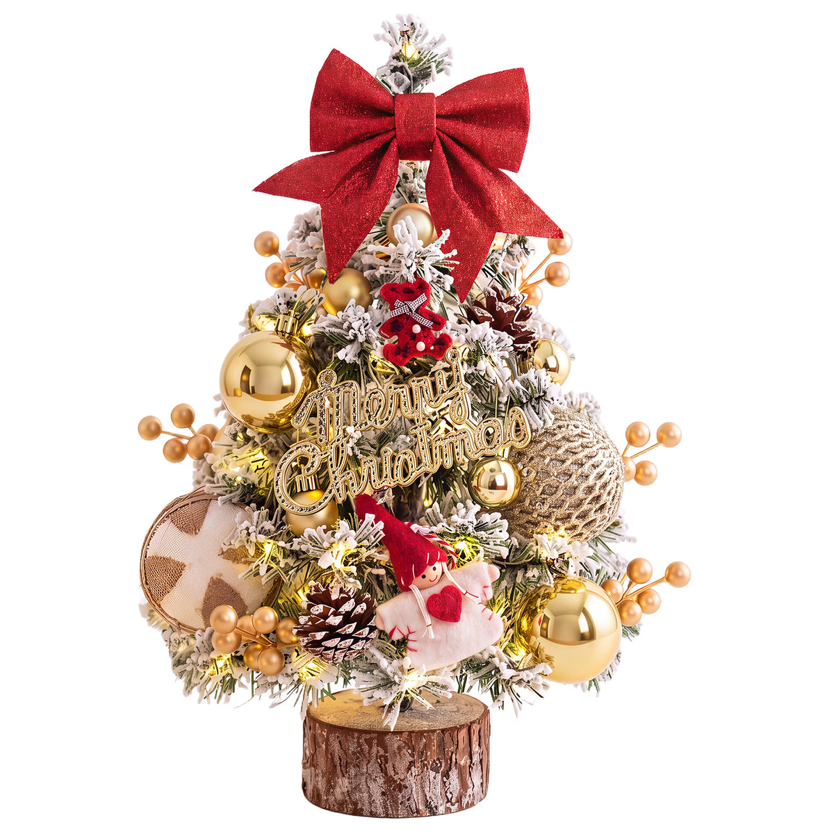 45cm Snow Flocked Mini Xmas Tree with Lights/Base Pinecones Red Berries Artificial Tabletop Xmas Tree for Festive Home Decor Golden