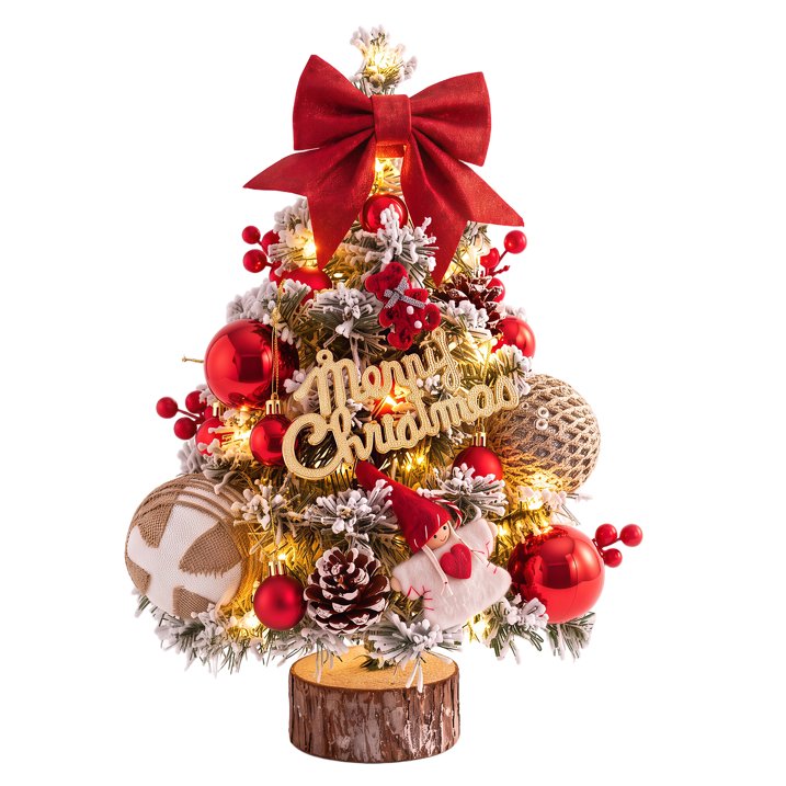 45cm Snow Flocked Mini Xmas Tree with Lights/Base Pinecones Red Berries Artificial Tabletop Xmas Tree for Festive Home Decor Red