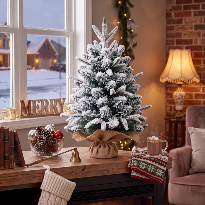 2ft Snow Flocked Tabletop Christmas Tree, Green & White Desk Xmas Tree with 90 Tips & Burlap Base Mini Xmas Pine Tree for Table Desk Home Christmas Holiday Decor