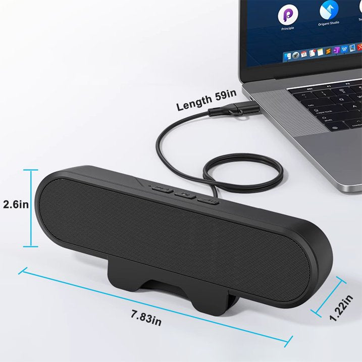 Computer Speakers for Desktop Monitor, Stereo USB Powered Speaker Bar, Deep Bass Soundbar for PC, Laptop Speaker w/ Loud Sound, Volume Control Easily Clamps to Monitors, Included USB C Adapter, Black
