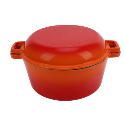 2 in 1 Cast Iron Dutch Oven Pot with Skillet Lid, 6+2qt Pre-Seasoned Multipurpose Cookware for baking, braising, and stewing, Orange