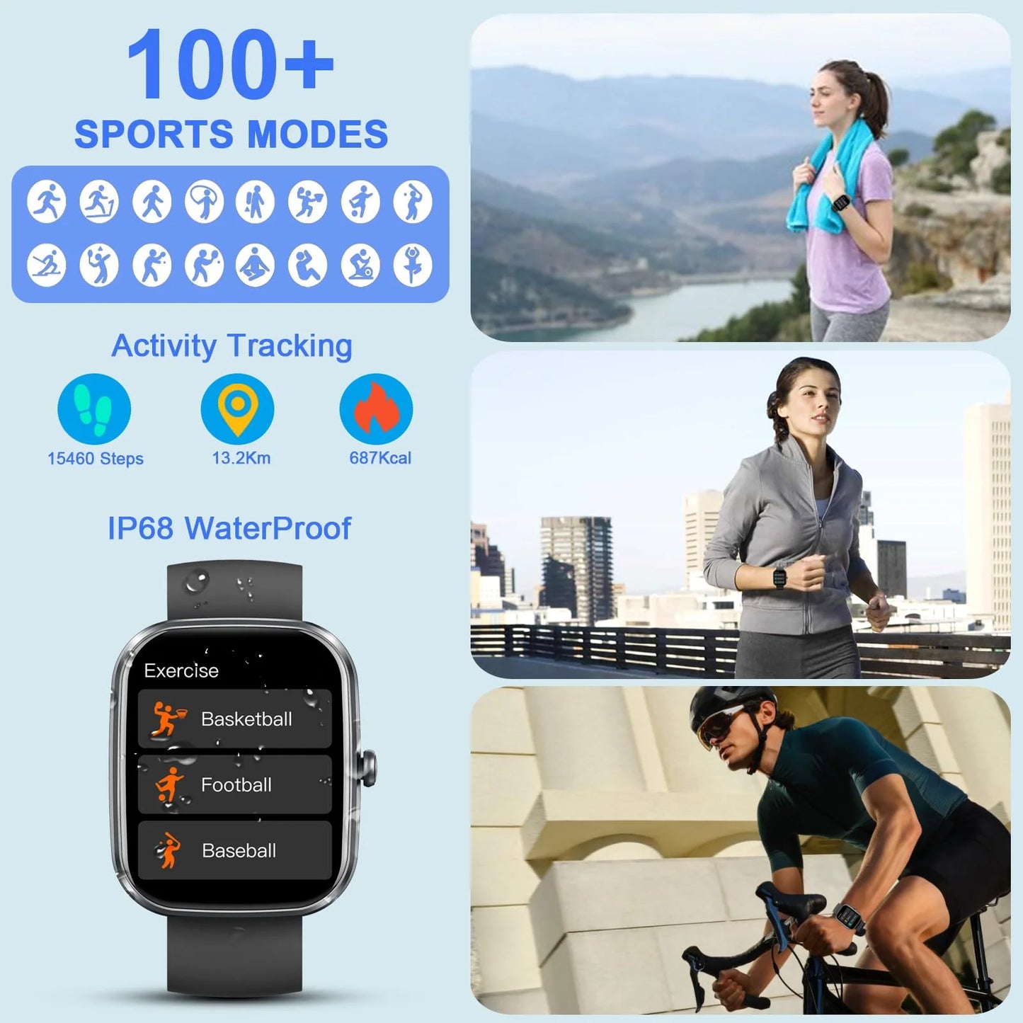 Smartwatch for Men Women, 1.85" HD Screen Smart Watch with Bluetooth Answer/Make Calls Fits for Android and iOS, 100+ Sport Modes/Message Reminder, IP68 Waterproof Fitness Tracker for Gift, Black