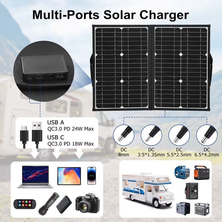 60W Portable Solar Panel Charger with USB C, USB A and DC 18V Outputs Foldable IP65 Waterproof Solar Panels with Adjustable Kickstand, Mini Charger for Phones, Power Bank, Camping, Hiking, Outdoor