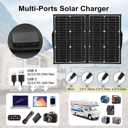 60W Portable Solar Panel Charger with USB C, USB A and DC 18V Outputs Foldable IP65 Waterproof Solar Panels with Adjustable Kickstand, Mini Charger for Phones, Power Bank, Camping, Hiking, Outdoor