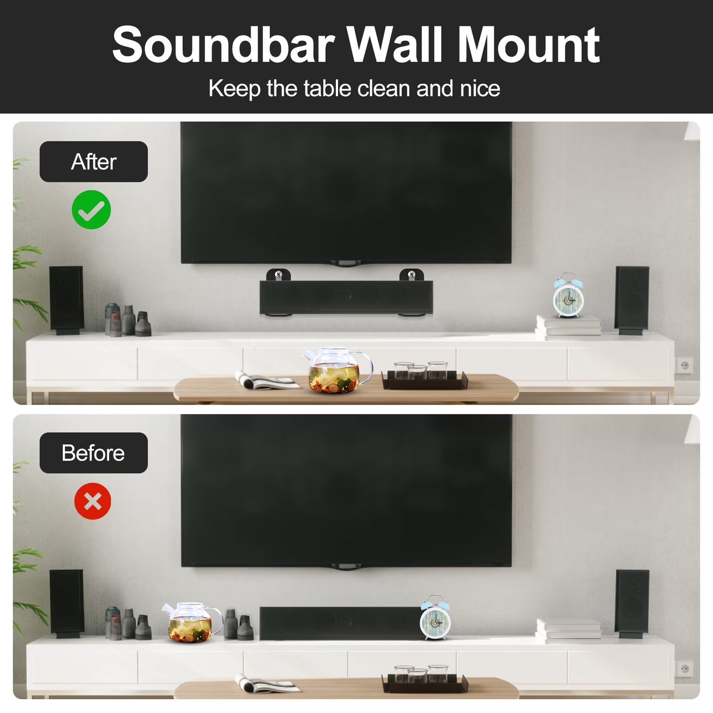 Universal Soundbar Wall Mount Bracket Compatible with Most Soundbar Mount Shelf, Metal SoundBar Mounts Under TV Mounting Bracket for Space Saving, Hold up to 30 lbs, Black