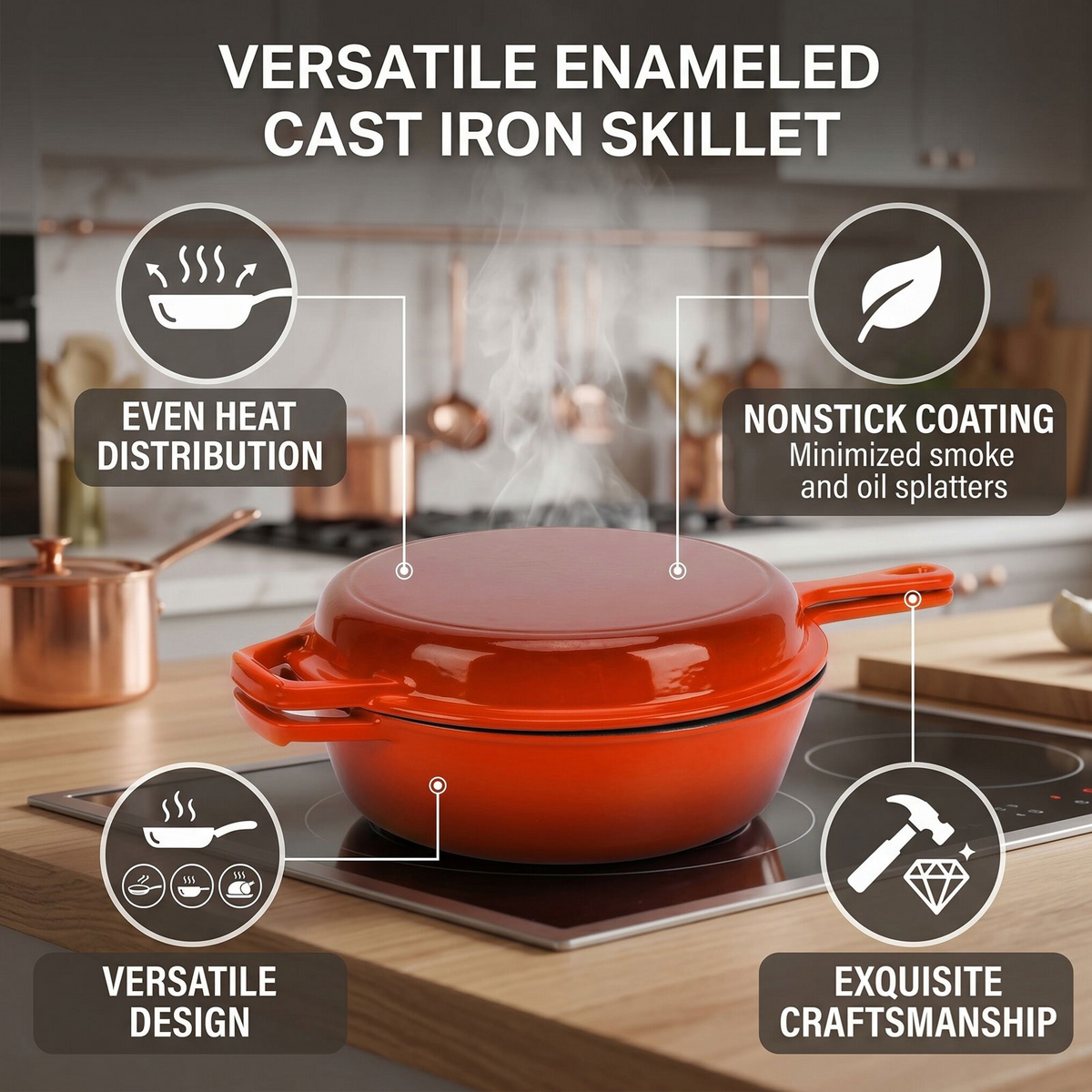 2 in 1 Cast Iron Dutch Oven Pot with Skillet Lid, 4+2qt Enamel Dutch Oven Dual Handle, All-in-One Cookware, Orange