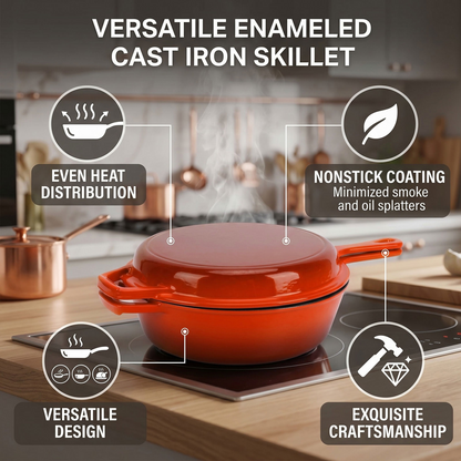 2 in 1 Cast Iron Dutch Oven Pot with Skillet Lid, 4+2qt Enamel Dutch Oven Dual Handle, All-in-One Cookware, Orange