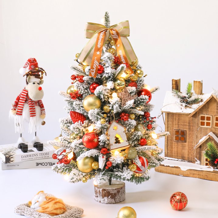 2ft Pre-lit Mini Christmas Snow Flocked Tree, Tabletop Artificial Christmas Tree with LED Lights, Small DIY Decor Xmas Pine Tree with Cloth Bag Base for Indoor Outdoor Home Dining Table Decorations