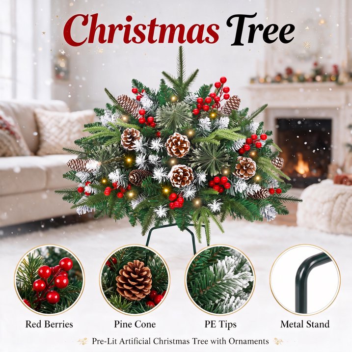 2 Pack 24" Lighted Pathway Christmas Tree Outdoor Urn Filler, Artificial Xmas Pine Trees with Tripod Stake, Battery Powered LED Lights, Snowy Pinecone Berries Decorations for Porch, Driveway, Yard