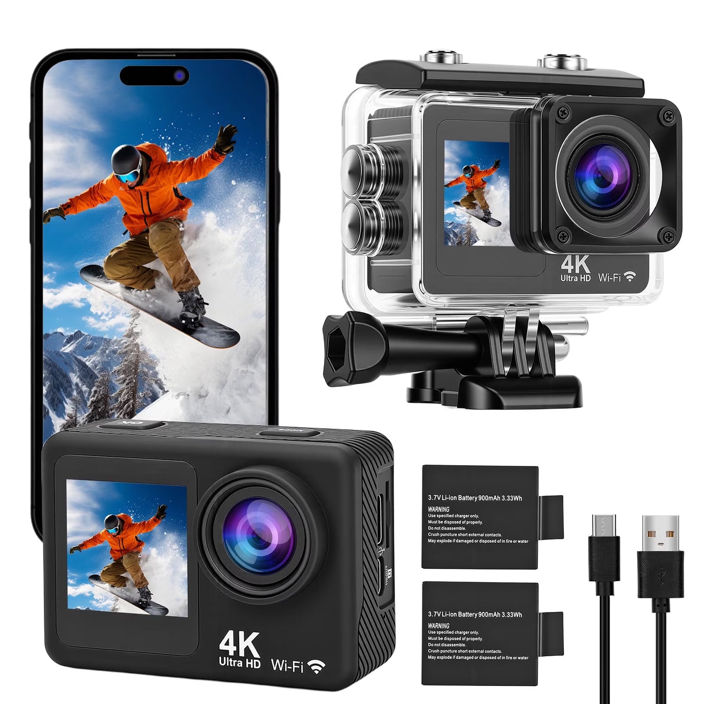 4K 30fps 16MP Action Camera with Front LCD and Rear Screens, Underwater Camera, 98FT Waterproof Sports Camera with 2 Batteries and Multi-Function Accessory, EIS, WiFi Remote Control, Black