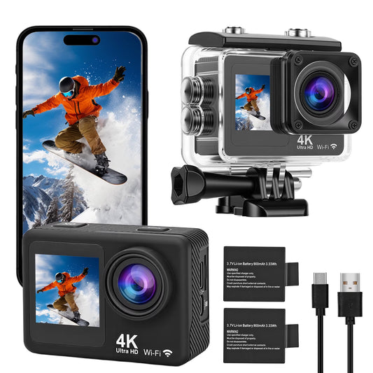 4K 30fps 16MP Action Camera with Front LCD and Rear Screens, Underwater Camera, 98FT Waterproof Sports Camera with 2 Batteries and Multi-Function Accessory, EIS, WiFi Remote Control, Black