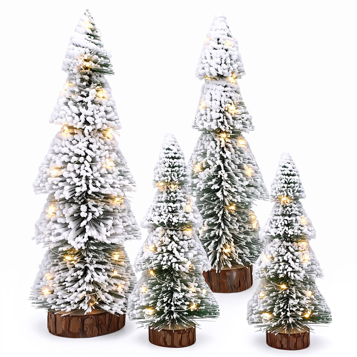 4Pcs Christmas Mini Trees with 9.8ft Light String,Artificial Snow Frost Christmas Trees in 4 Size Bottle Brush Xmas Tree w/ Wooden Base Xmas Pine Tree for Winter Holiday Party Home Table Crafts Decor