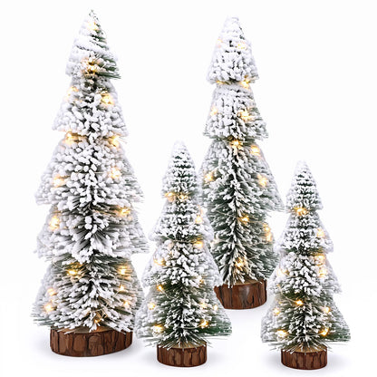 4Pcs Christmas Mini Trees with 9.8ft Light String,Artificial Snow Frost Christmas Trees in 4 Size Bottle Brush Xmas Tree w/ Wooden Base Xmas Pine Tree for Winter Holiday Party Home Table Crafts Decor