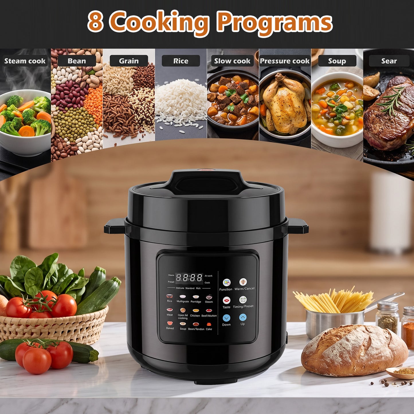 6.5 Quart Electric Pressure Cooker, 16-in-1 Multi Cooker Rice Cooker Slow Cooker Sauté Steamer, Non-Stick Pot, Black