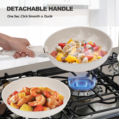 17-Piece Ceramic Pots and Pans Set Non Stick, Cookware Set with Detachable Handle, Oven Safe, Induction Ready, Stackable RV Kitchen Cooking Set Removable Handles