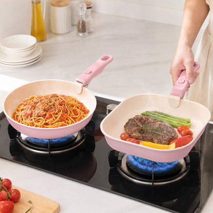 18 Piece Ceramic Pots and Pans Set Non Stick, Cookware Set with Detachable Handles, Oven Safe, Induction Ready, Stackable RV Kitchen Cooking Set, Pink