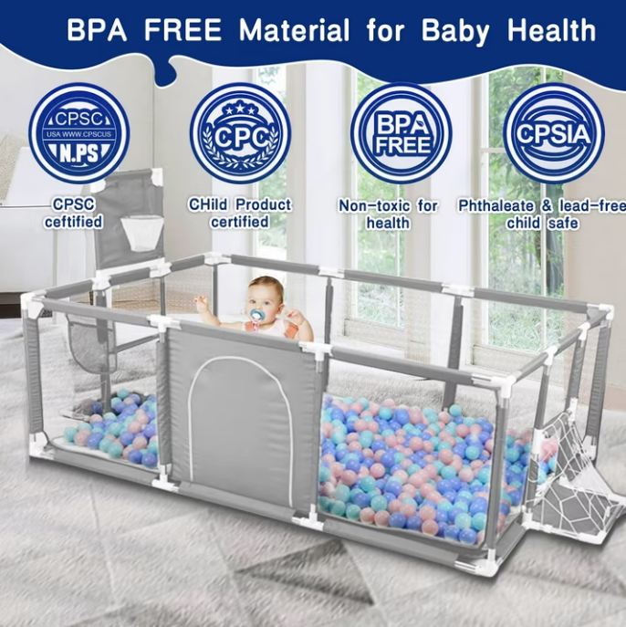 71" x 48" Extra Large Playpen for Babies Toddlers, Baby Playard with Basketball Hoop, No Gap Kids Fence Play Area Ball Pits, Infant Safety Play Yard with Door/Soccer Net