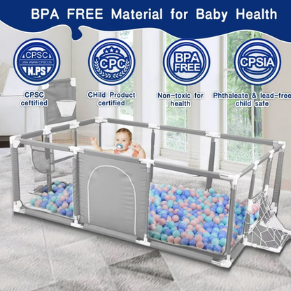 71" x 48" Extra Large Playpen for Babies Toddlers, Baby Playard with Basketball Hoop, No Gap Kids Fence Play Area Ball Pits, Infant Safety Play Yard with Door/Soccer Net