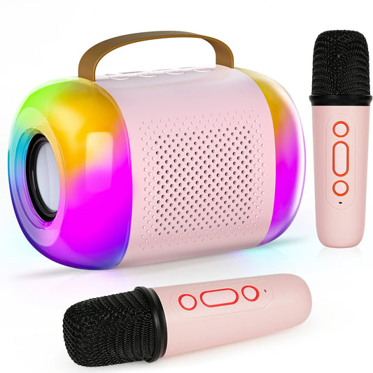 Karaoke Machine for Kids Adults, Mini Portable Karaoke Speaker with 2 Wireless Microphones & 2 Type-C Cables, LED Lights, Birthday Gifts for Girls Ages 3-12 Toys, Pink