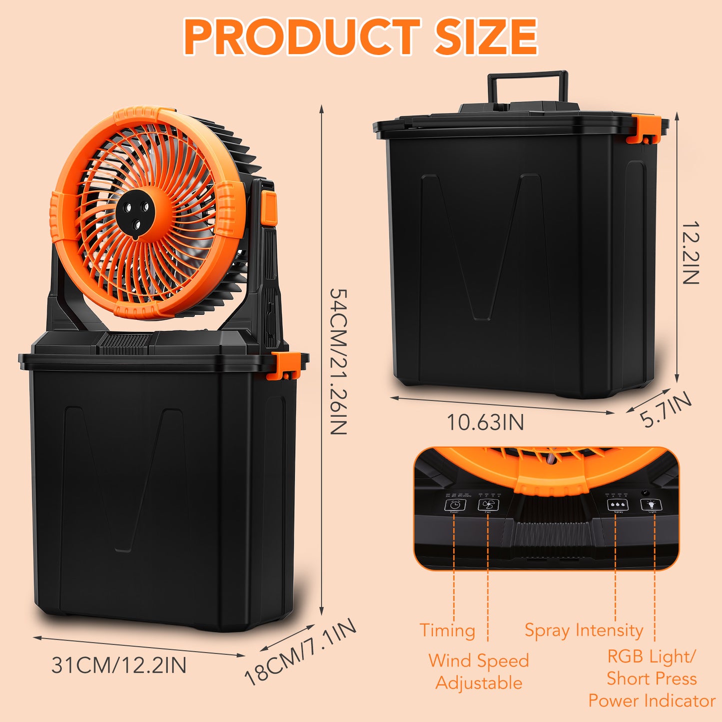 Portable Misting Fan - 10L Water Tank 10-inch Outdoor 20000mAh USB Rechargeable Fan with Remote Control,4 Speeds,4 Spray Mister,RGB Light,Timer, Floor Cooling Fan for Patios/Camping,Orange