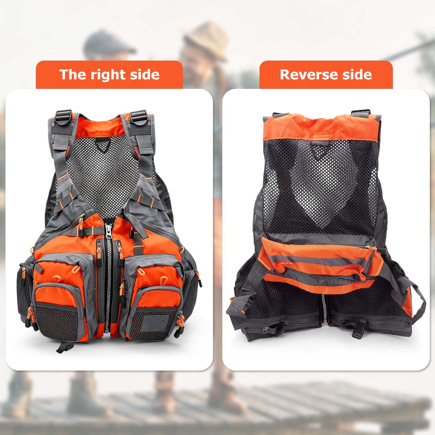Fly Fishing Vest for Men Women, Comfortable Adjustable Fishing Vest with Multi-Pockets Reflective Stripes, Lightweight and Durable Unisex Strap Fishing Vest Pack, for Fly Bass Fishing,Orange