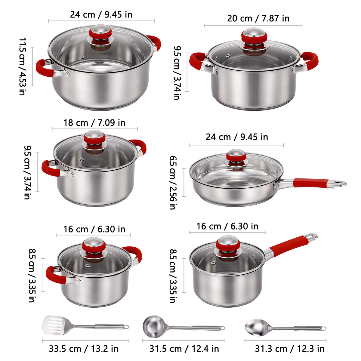 15Pcs Stainless Steel Cookware Set, Pots and Pans Set with Glass Lids, Kitchen Induction Cookware with Utensil Sets For Oven & Dishwasher ,Heavy Premium Kitchen Cooking, Red