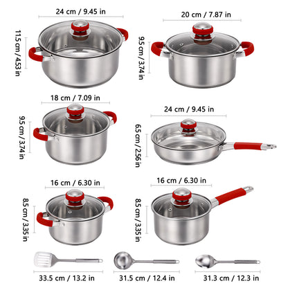 15Pcs Stainless Steel Cookware Set, Pots and Pans Set with Glass Lids, Kitchen Induction Cookware with Utensil Sets For Oven & Dishwasher ,Heavy Premium Kitchen Cooking, Red