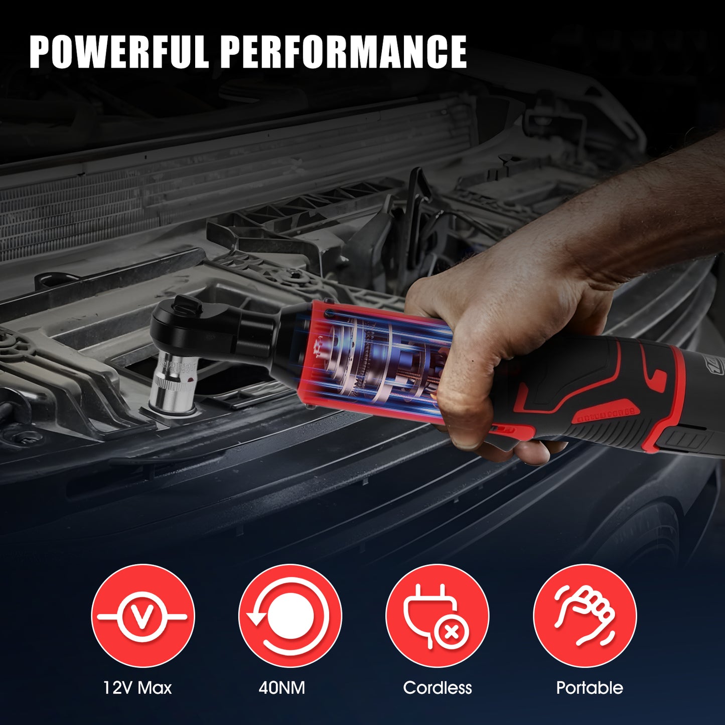 3/8" Extended Cordless Ratchet Wrench Set, 40N.m Power Ratchet Kit w/12V 2x2.0Ah Batteries,7 Sockets,1/4 Adaptor, Extension Bar for Housework, Car Repair