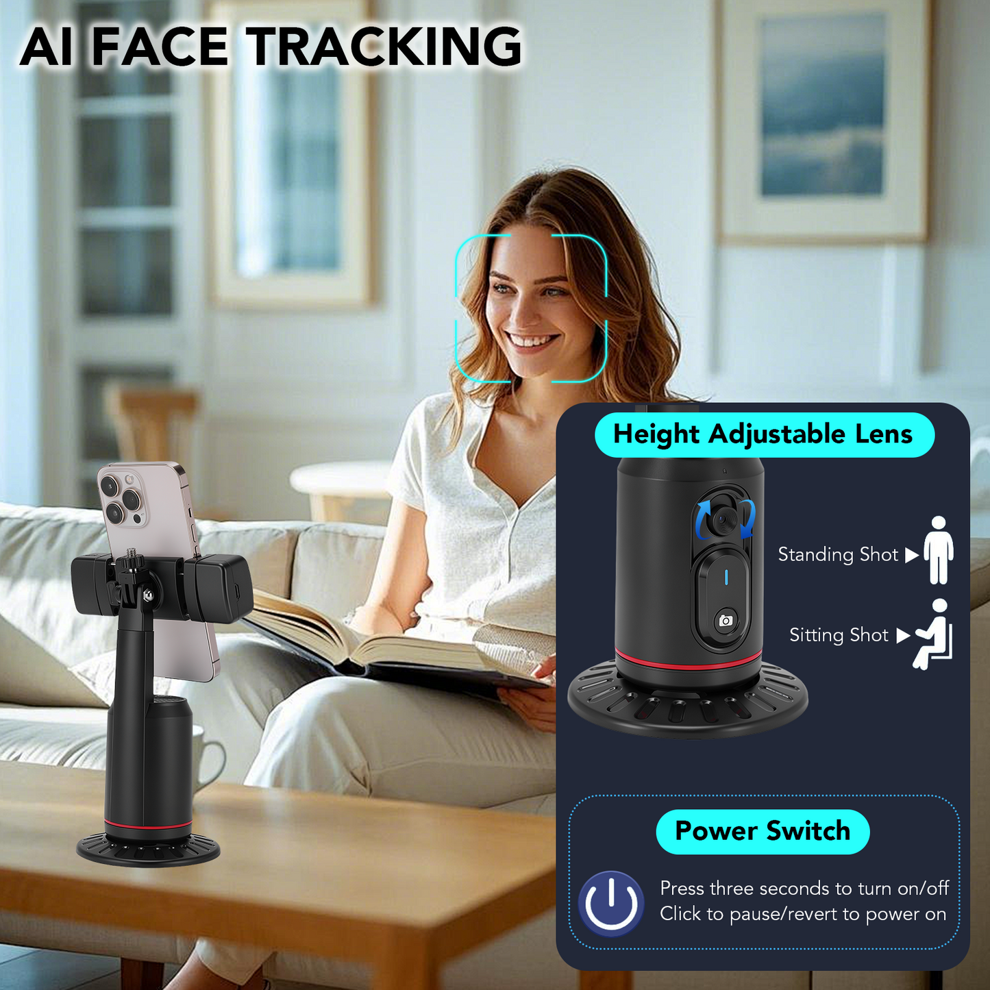 Auto Face Tracking Phone Holder, 360° Rotation Face Body Phone Tripod Smart Shooting Camera Mount with Rechargeable Remote and Light for Live Vlog Streaming Video, Rechargeable
