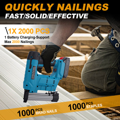 Cordless Brushless Nail Gun,18 Gauge 2 in 1 Brad Nailer/Staple Gun, 2pcs 20V Battery & Charger, 1000 Nails & 1000 Staples Included