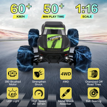 RC Cars 1: 16 Scale All Terrain 4x4 Remote Control Car for Adults & Kids, 60+ KM/H Waterproof Off-Road RC Trucks, 2.4Ghz Radio Controller, 2 Batteries, 2 Car Bodies