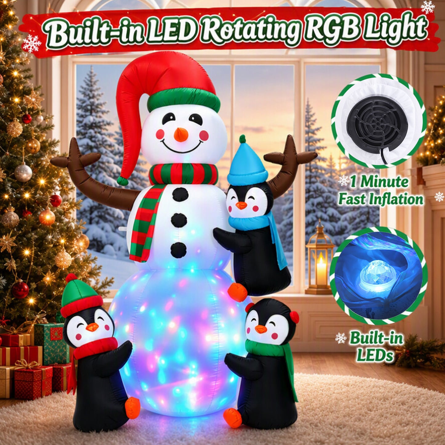 6FT Christmas Inflatable Outdoor Decoration, Snowman with Penguin, Blow Up Yard Decor with Built-in LED Light for Lawn, Garden, Party