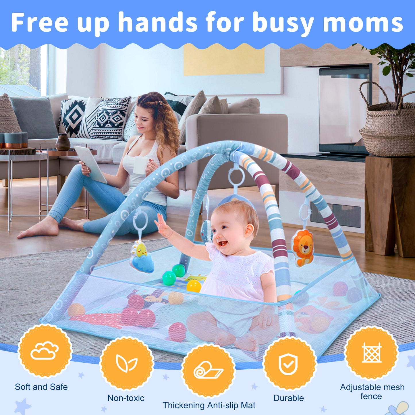 Baby Gym Mat 3 in 1 Tummy Time Baby Activity Gym with 5 Sensory Toys, Ocean Balls, Floor Crawling Mat for Newborn Toddlers