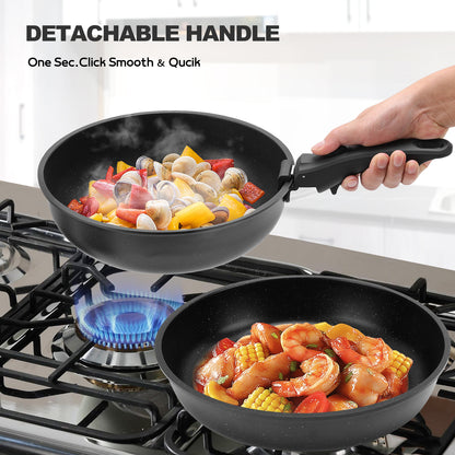 17-Piece Pots and Pans Set, Nonstick Cookware Set with Detachable Handles, Oven & Dishwasher Safe, Induction Compatible, Stackable RV Kitchen Cooking Set, Black
