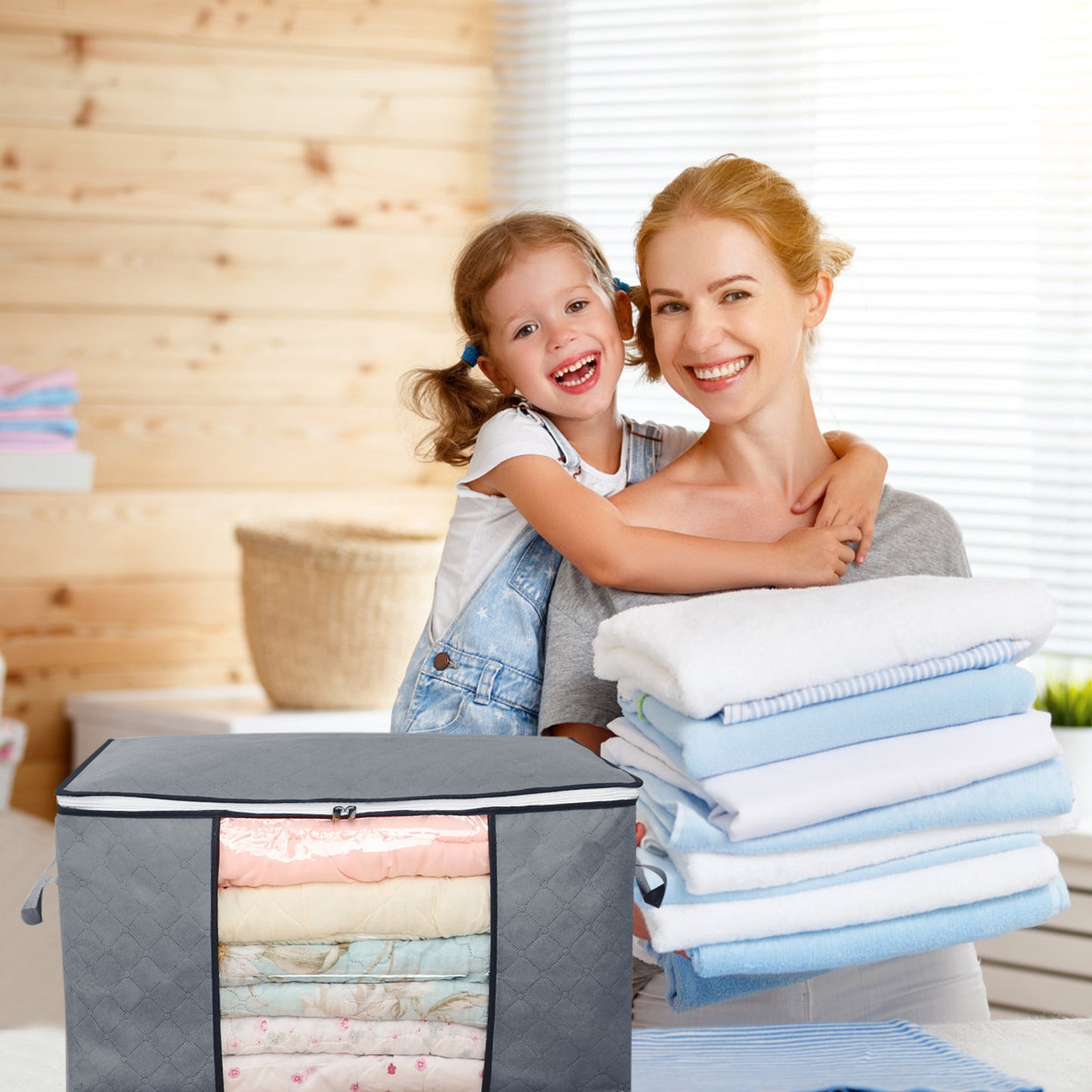 90L Large Clothes Storage, 6 Pack Foldable Closet Storage Bags 23.6 x 16 x 14inchs with Handles (Gray)
