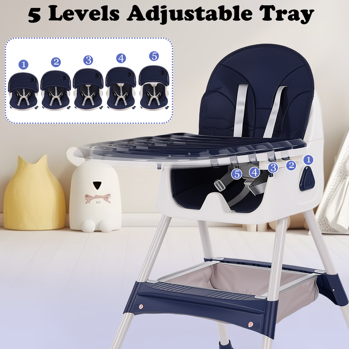 Baby High Chair, Convertible 6 in 1 Feeding Chairs for Babies and Toddlers, Foldable Baby Highchair, Adjustable Dining Tray, Backrest & Height, Blue