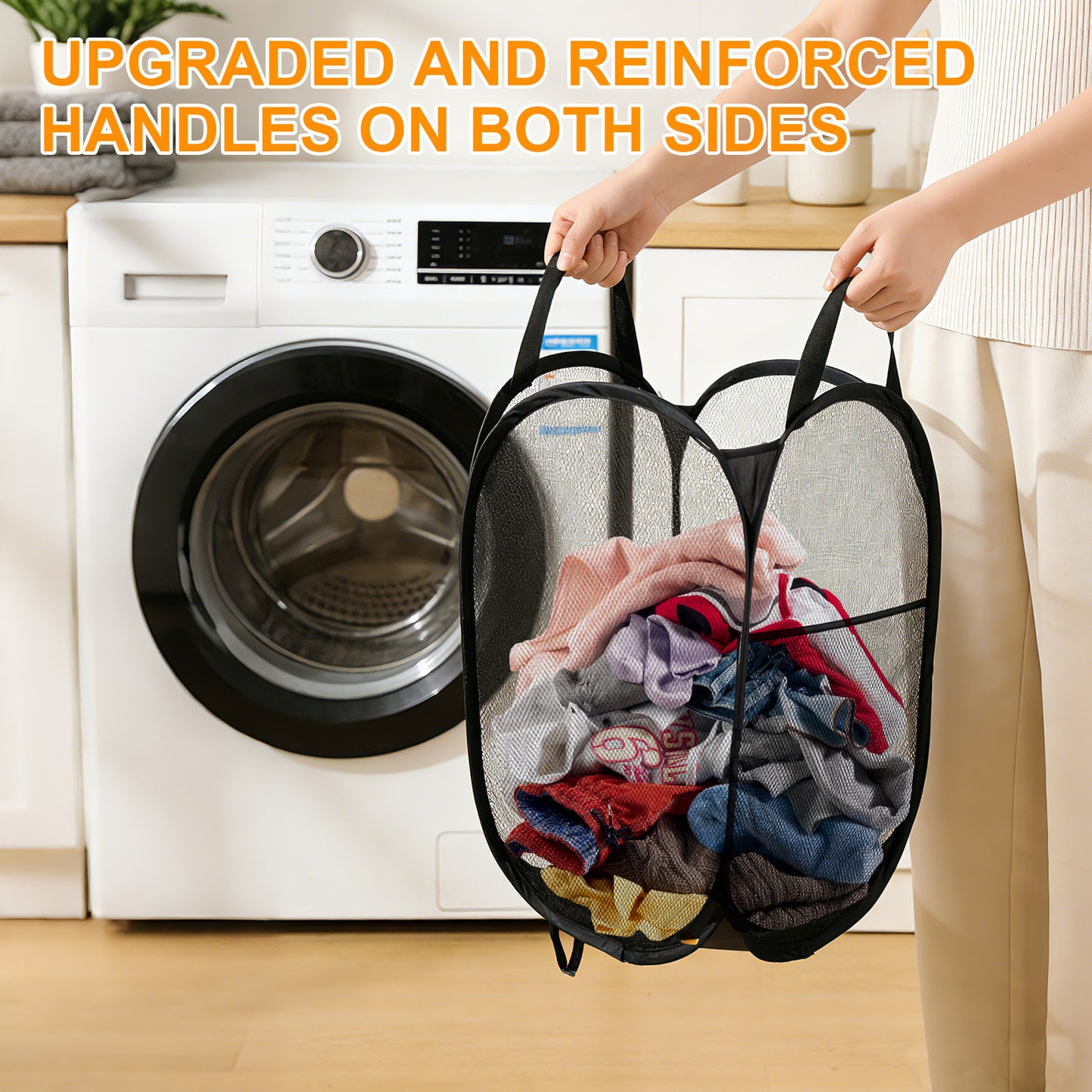 Collapsible Mesh Pop Up Laundry Hamper with Sturdy Handles - Portable Foldable Clothes Baskets for Dorm, Bathroom & Travel Storage (Black, 4 Packs)