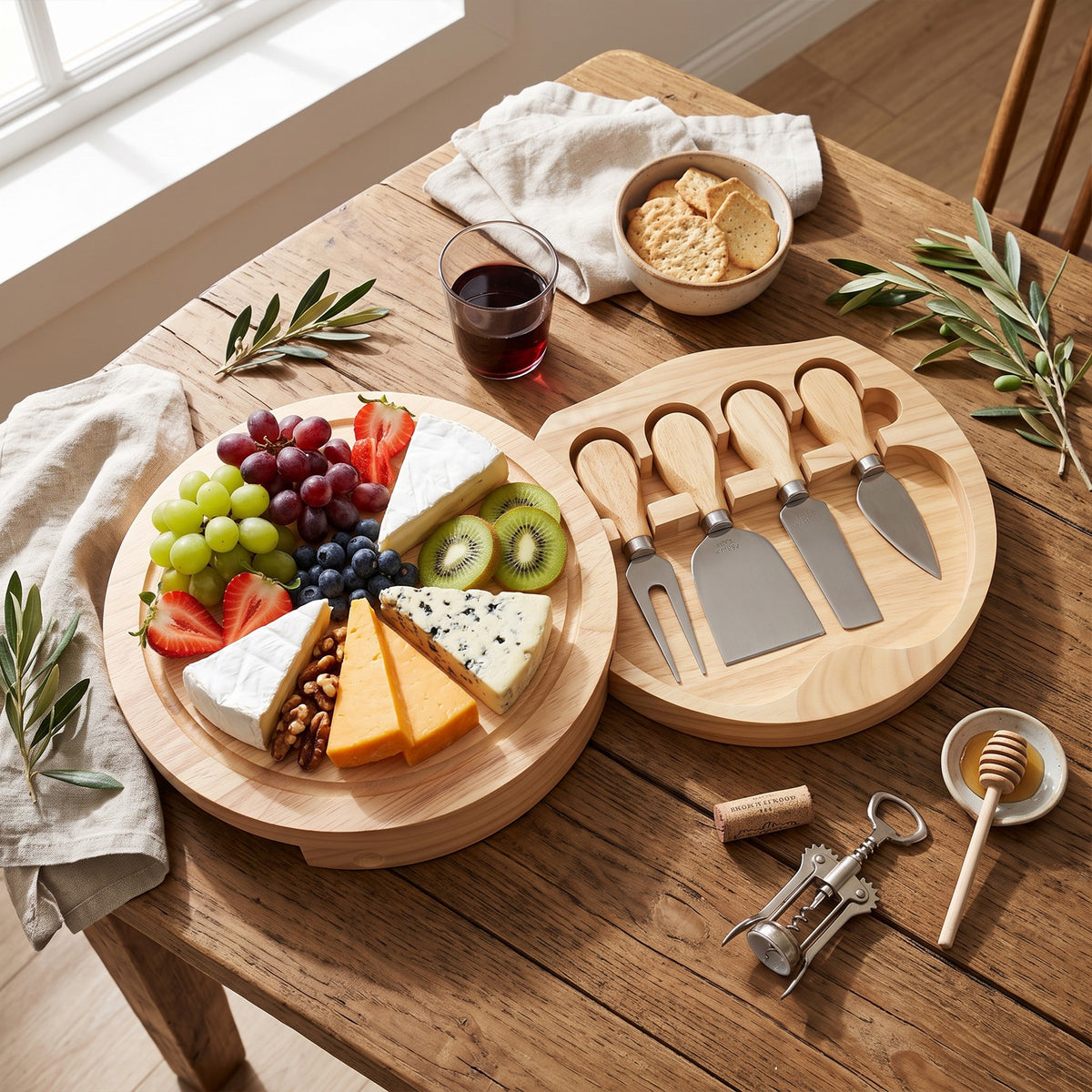 Bamboo Cheese Board and Knife Set, 10 inch Round Charcuterie Board, Serving Tray, Platter, Wood Cheese Board Set, Gift Idea
