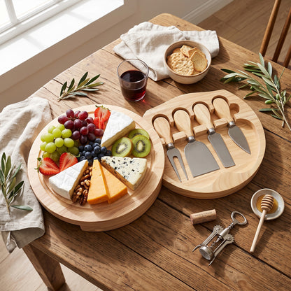 Bamboo Cheese Board and Knife Set, 10 inch Round Charcuterie Board, Serving Tray, Platter, Wood Cheese Board Set, Gift Idea