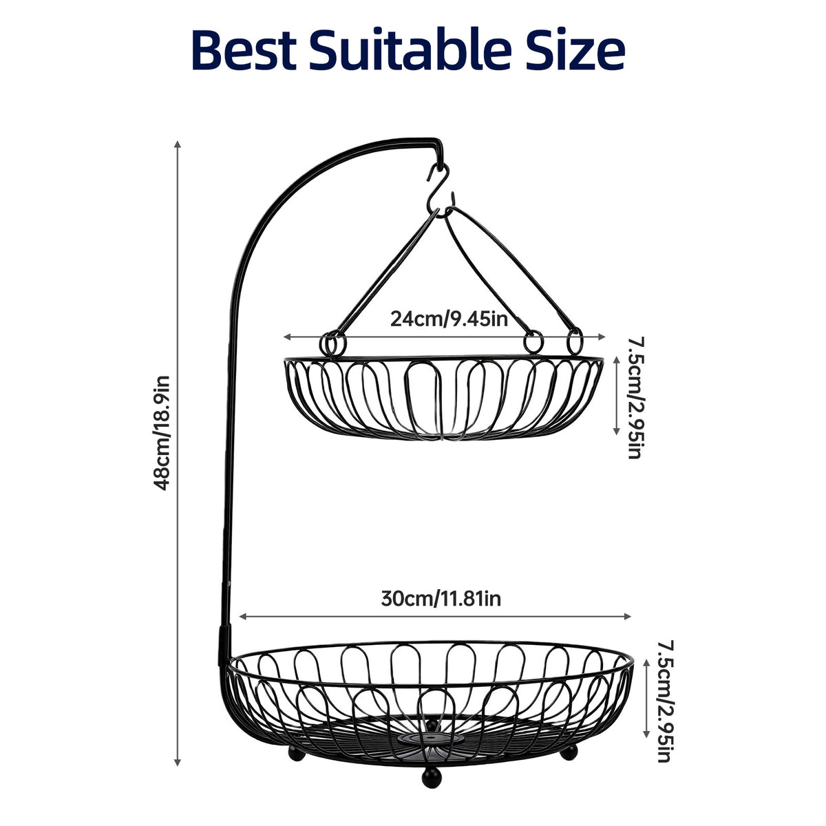 2-Tier Iron Countertop Fruit Vegetables Basket Bowl Storage With Banana Hanger & Detachable Fruit Basket, Black