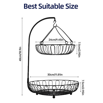 2-Tier Iron Countertop Fruit Vegetables Basket Bowl Storage With Banana Hanger & Detachable Fruit Basket, Black