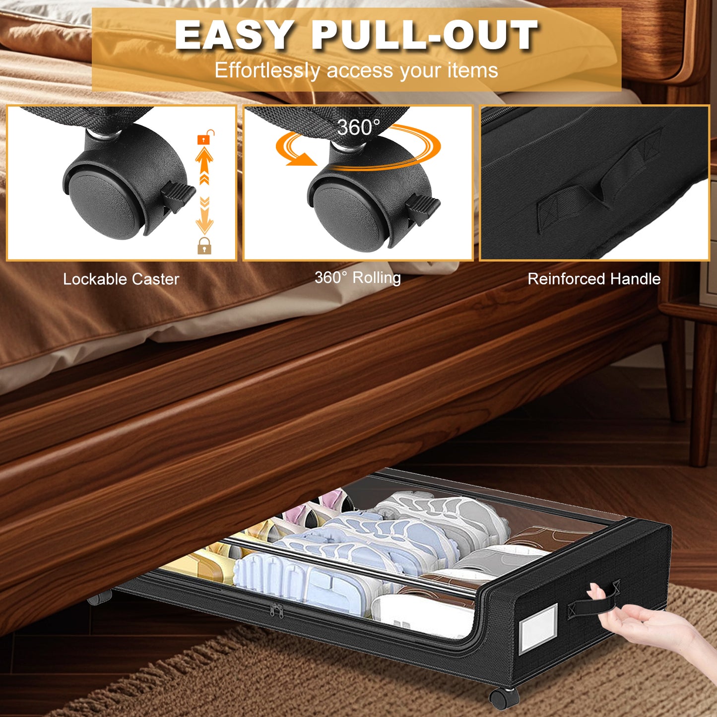 48L Under Bed Storage Containers, Under Bed Shoe Storage Organizer With Clear Lid, Bedroom Storage Organization Drawer For Clothes, Shoes, Toys,Black