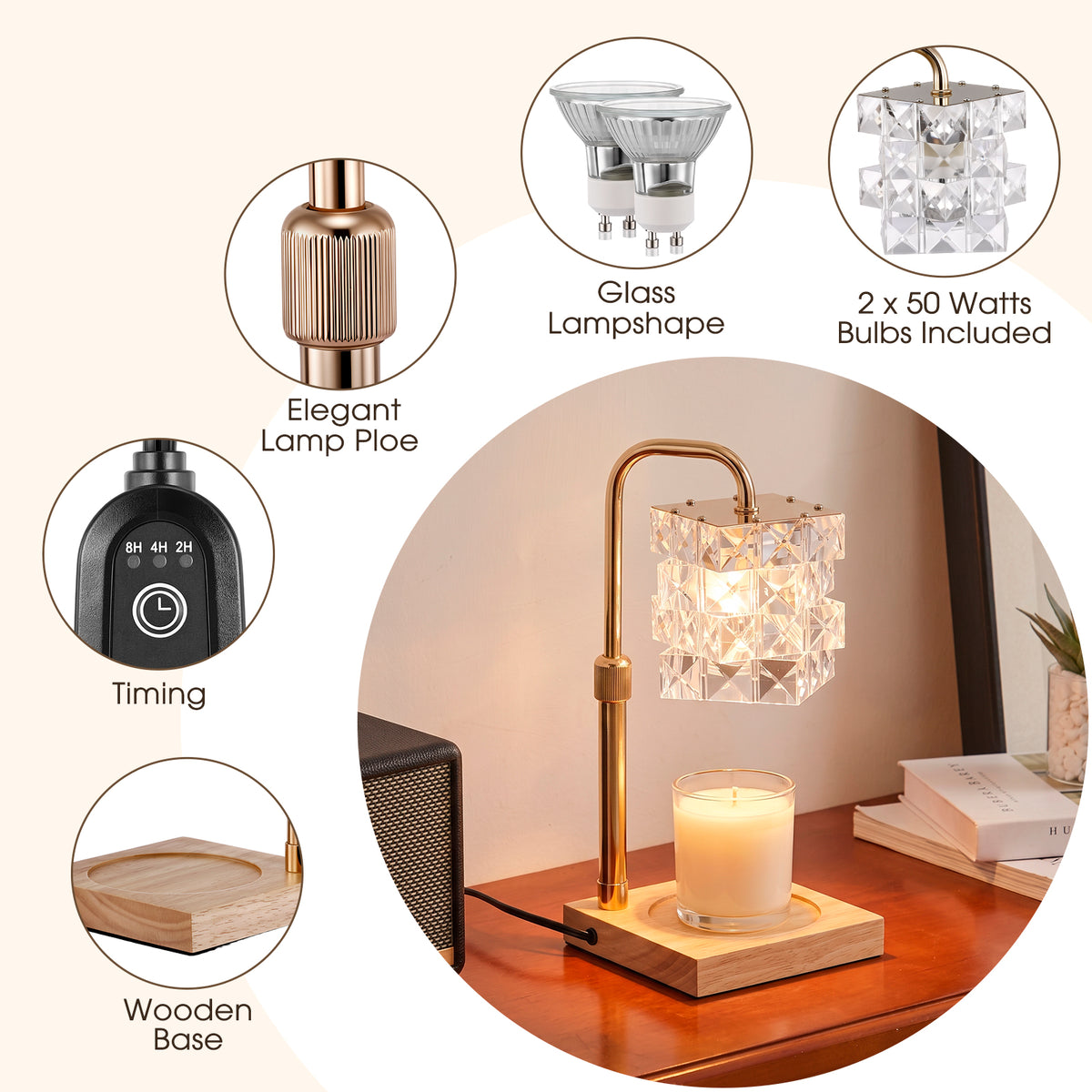 Candle Warmer Lamp with Timer, Dimmable and Height Adjustable Wax Melt Warmer for Scented Wax Jar Candles,Home Decor Wax Melter Light (Includes 2 Halogen Bulbs)