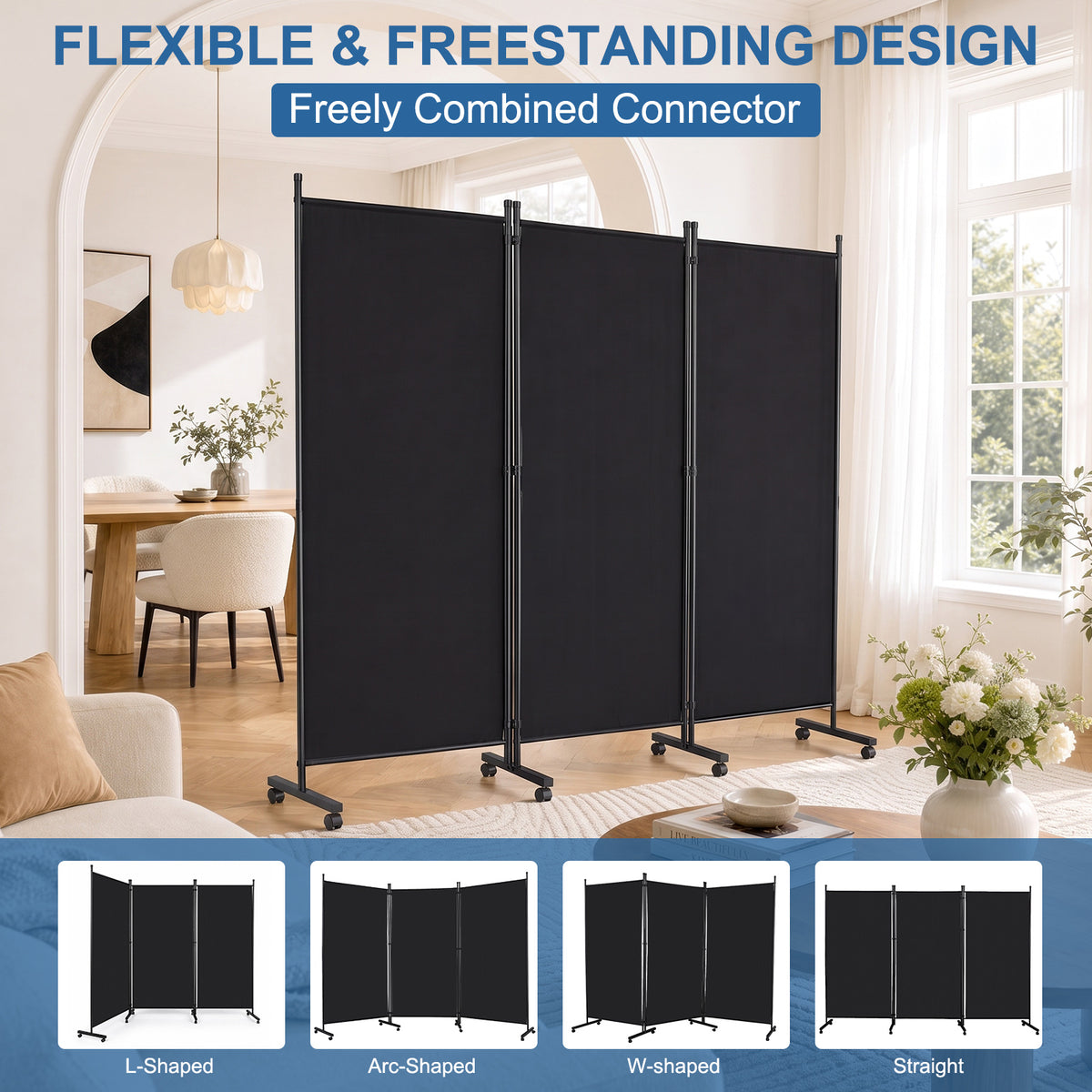 Rolling Room Dividers 5.9FT 3 Panel, Folding Privacy Screens with Lockable Wheels,102" W Portable Wall Divider Room Separation for Porch Living Room Dorm Studio Office, Black